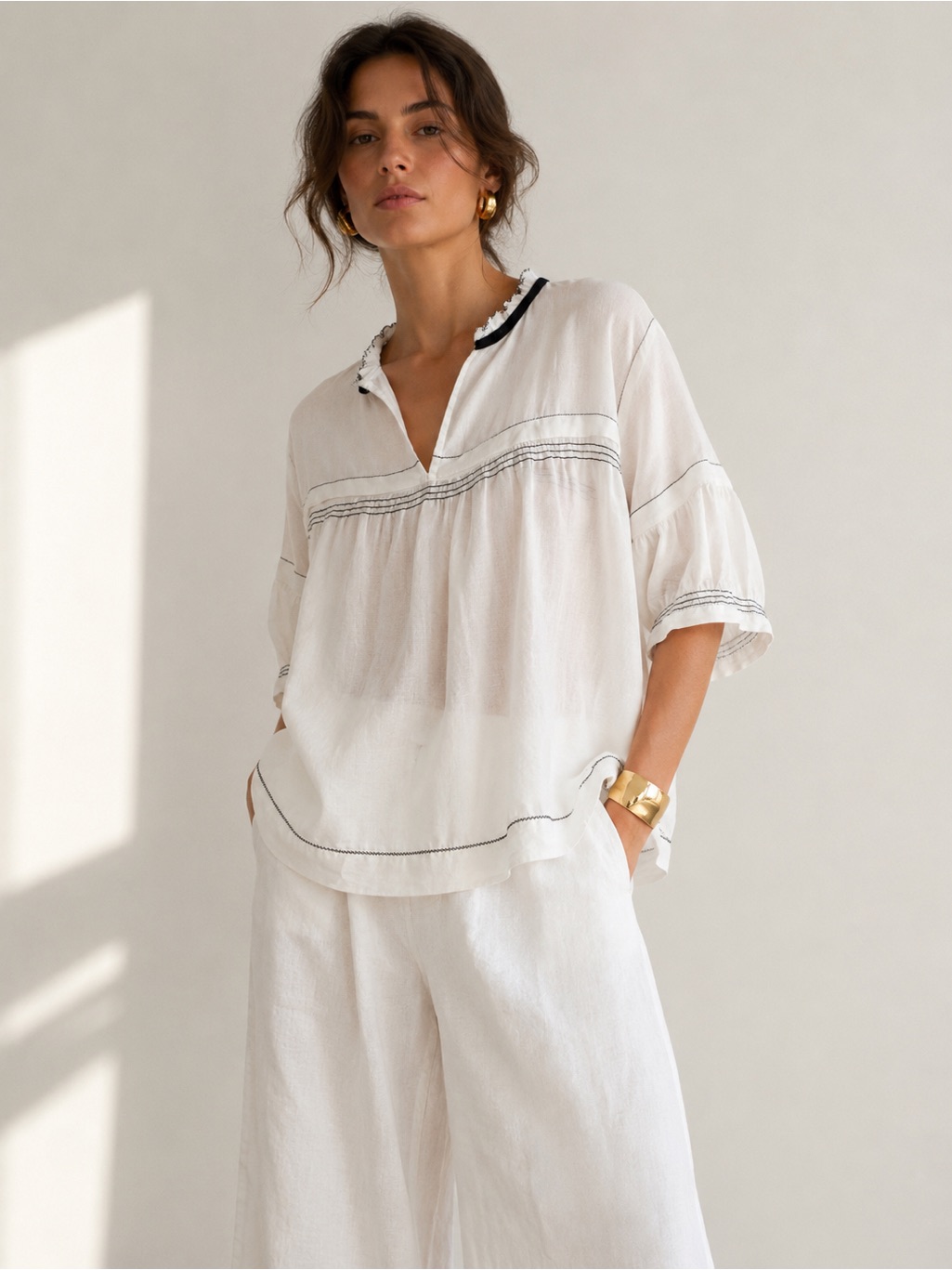 Maeve 100% Ramie White Contrast Stitch Peasant Blouse | Xl